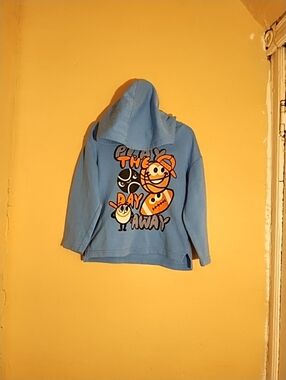 H & M Kids Unisex Blue "Play The Day Away" Grapic Long Sleeve Hoodie Sz US 5-6T‎